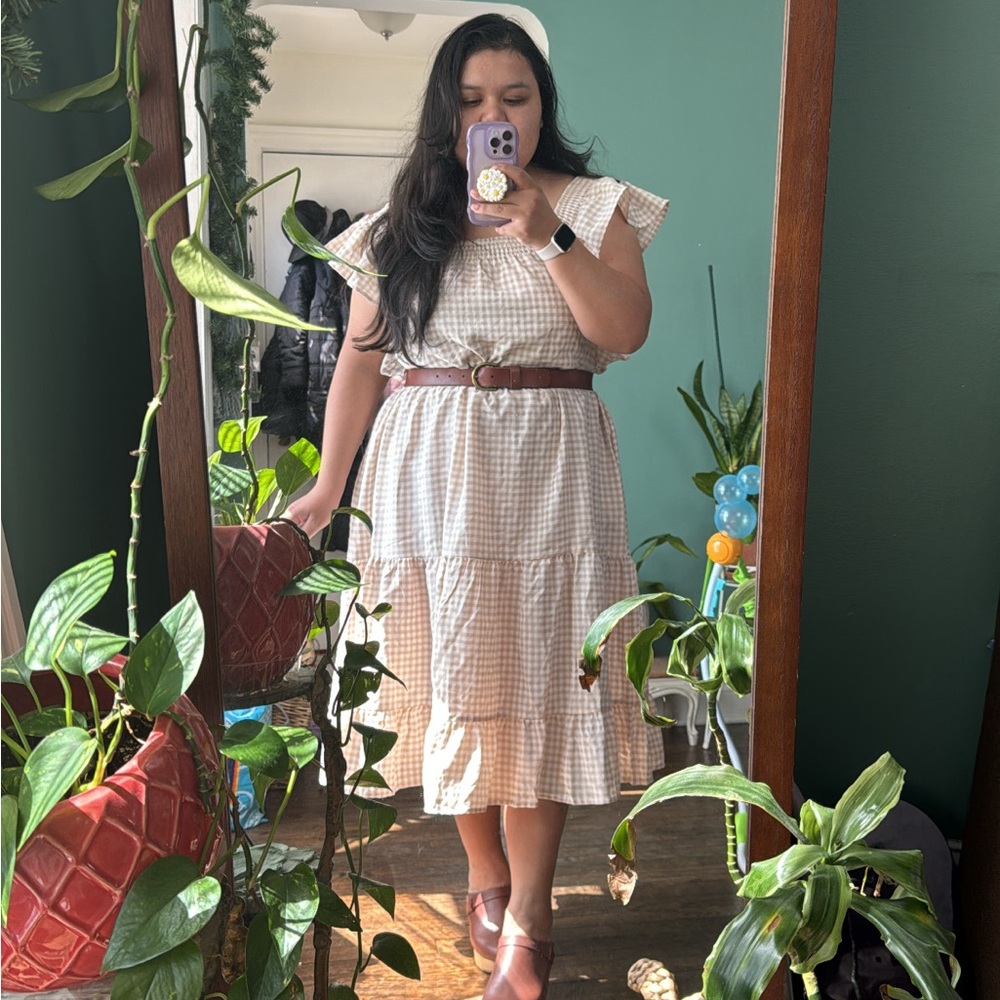 Tan checkered dress, summer dress
